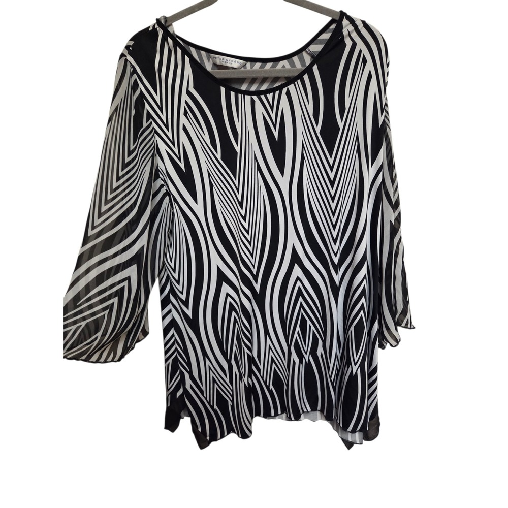 Peter Nygard Women's 3X Tunic Top Blouse‎ Black White Graphic Sheer Sleeve